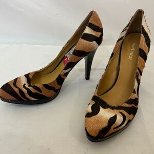 Nine West Brown Black Tiger Print Mohair Rocha Fur Pumps